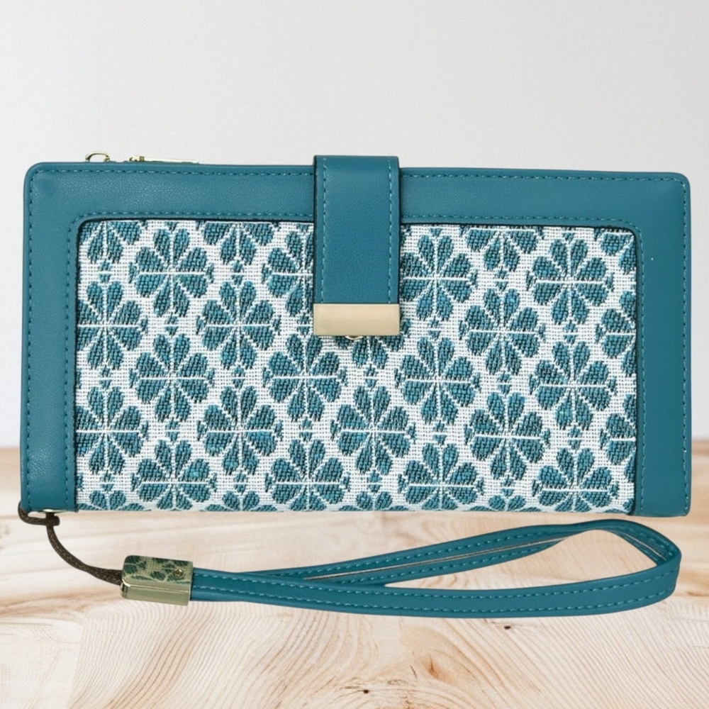 Wristlet Wallet - Teal White Floral - RFID Card Trifold Card Holder. NWT! - Picture 2 of 4